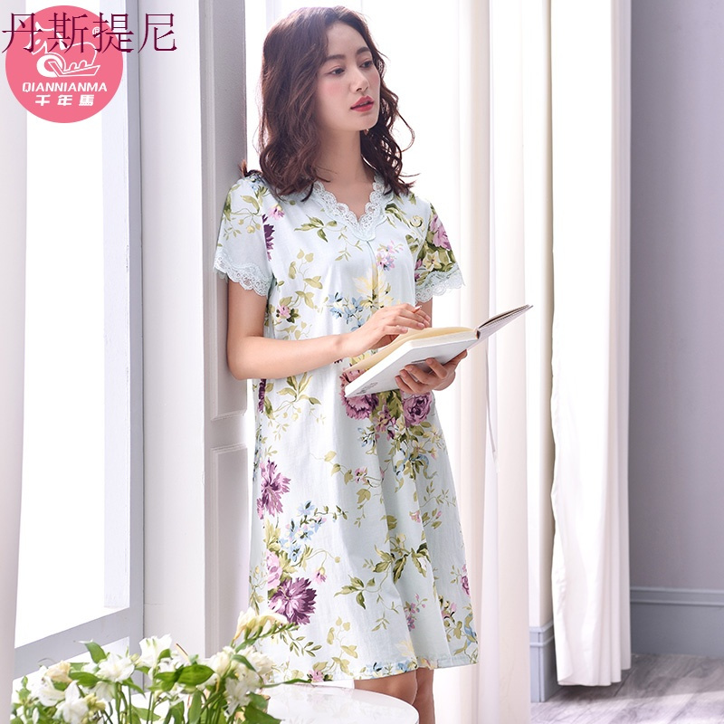 睡裙女夏季短袖纯棉睡衣夏天薄款妈妈宽松大码全棉质家居服中裙子
