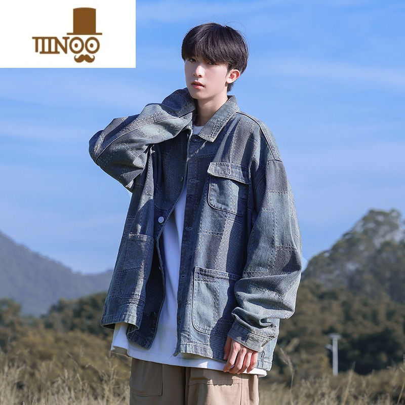 YANXU牛仔外套男士美式复古潮牌痞帅感水洗宽松休闲工装松夹高清大图