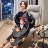 睡裙女春秋款纯棉长袖韩版时尚卡通学生可外穿长款过膝棉质家居服