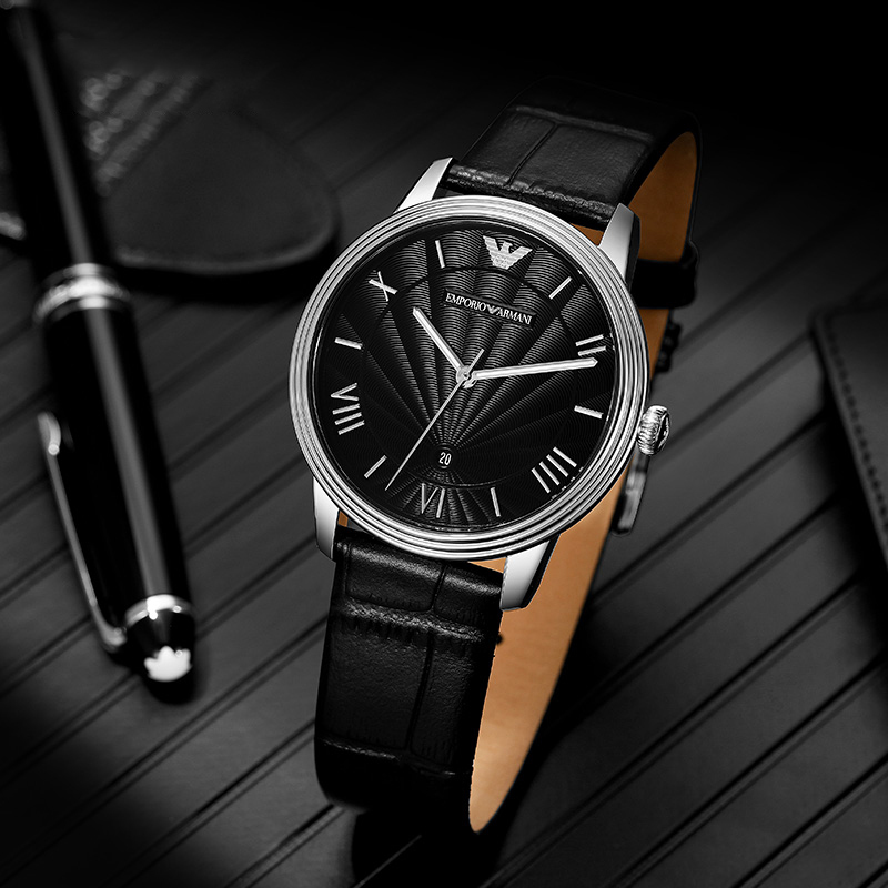 阿玛尼(EMPORIO.ARMANI)手表 皮质表带黑色经典商务时尚石英表男士腕表AR1611