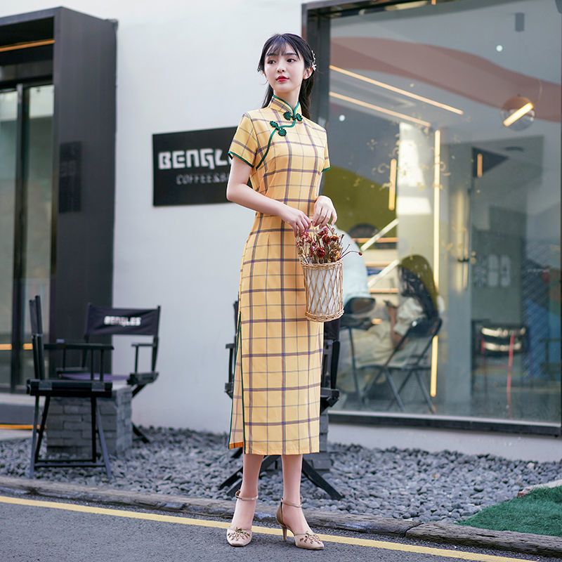 中国风格子改良版旗袍连衣裙女2021新款夏季贵夫人显瘦收腰连衣裙 短袖长旗袍军绿大方格 S 收藏店铺,优先发货