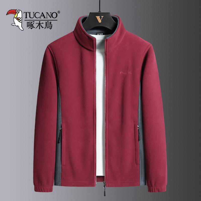 啄木鸟摇粒绒外套男士春秋季抓绒厚棉T中年爸爸装秋冬加绒加厚夹绒高清大图