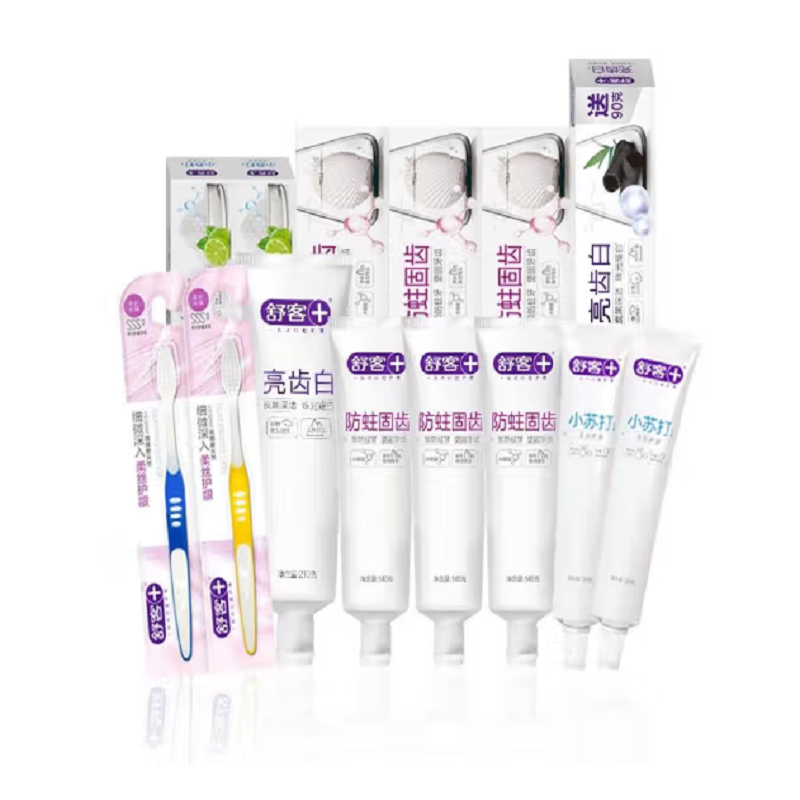 舒客亮齿白牙膏(竹炭+天然珍珠)210克*1 防蛀固齿牙膏140克*3 小苏打牙膏(洁白细护)120克*2 弹力牙刷*2