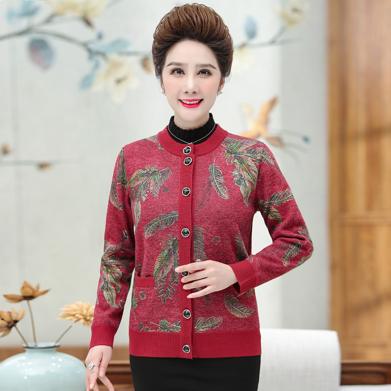 品牌送礼妈妈装羊绒衫女中老年奶奶宽松加大码毛衣本命年老太太开衫女羊绒开衫女印花毛衣女中老年人保暖羊毛衫加绒外套高清大图