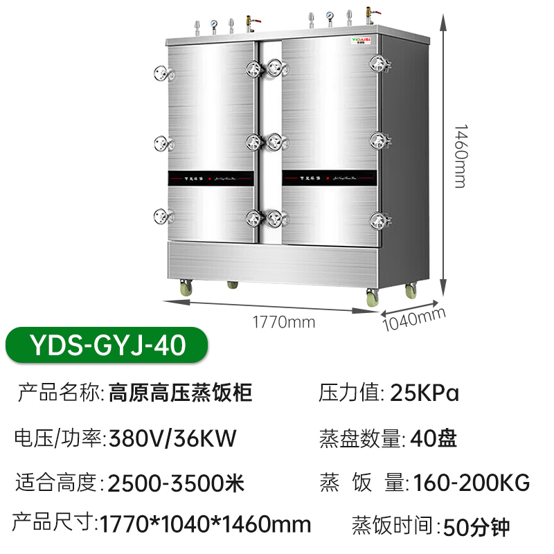 意黛斯(YIDAISI)高原高压蒸饭柜YDS-GYJ-40蒸饭车商用蒸饭箱蒸饭机40盘食堂单位学校蒸箱蒸包炉蒸柜380V