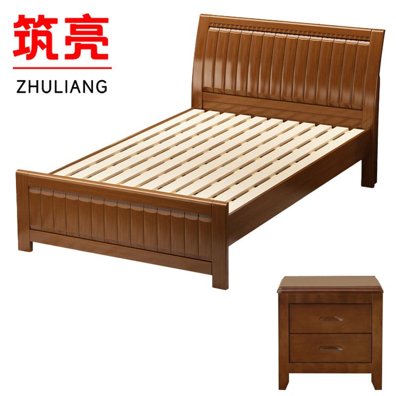 筑亮 实木床 1.2m胡桃色+床头柜 套高清大图