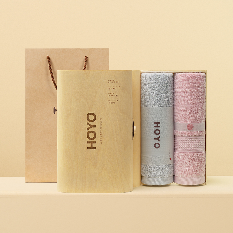 HOYO臻品长绒棉毛巾橡木礼盒两件套33*72cm(浅灰+浅粉)高清大图