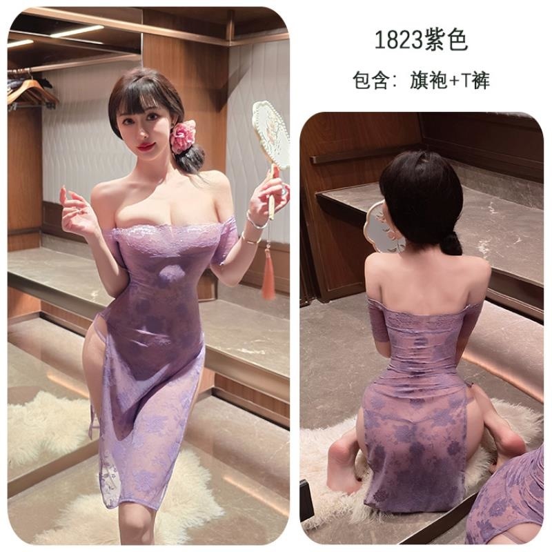 长夜漫漫情趣内衣性感蕾丝旗袍制服紫色连衣裙纯欲睡衣qqny女1823rI高清大图