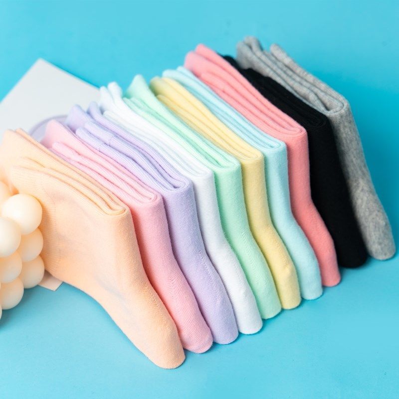 [5-8双]袜子女韩版中筒袜秋冬款纯色棉袜运动长筒袜高清大图