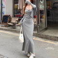 温柔风灰色波点吊带连衣裙女夏季新款气质收腰显瘦内搭a字长裙子 XL 长款【6624#】