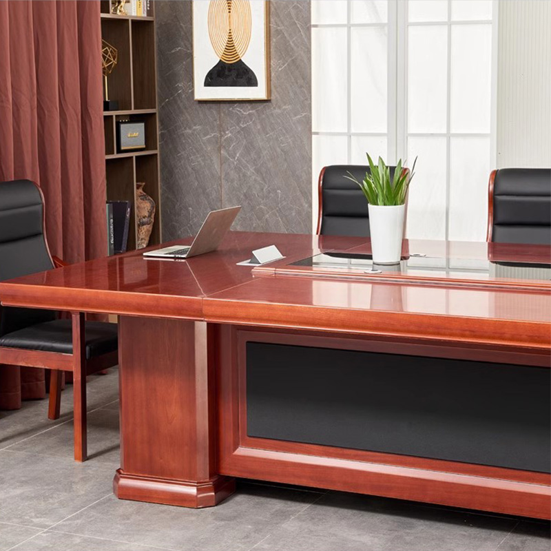 铭威盾大型油漆会议桌实木黑玻璃长桌开会办公室桌椅组合工作台4米会议桌+14把将椅高清大图