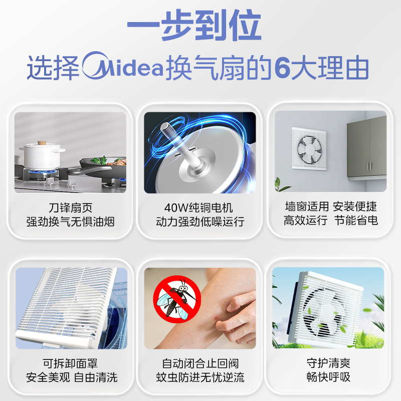 美的(Midea)换气扇卫生间厨房家用墙排风扇浴室抽风机强力低噪百叶窗式排气扇8寸带网罩[开方孔:246*246mm]