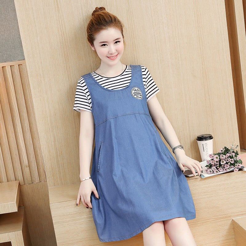 迪鲁奥(DILUAO)哺乳衣外出夏透气孕妇装夏装2021新款孕妇连衣裙中长款时尚潮妈孕妇裙子夏季宽松 蓝色两件套图片