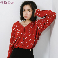 学院风波点雪纺衬衫女前后V领长袖上衣潮 红色 均码