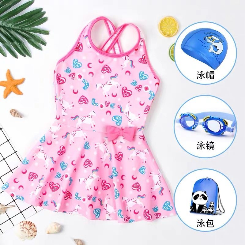 儿童泳衣女童连体公主小童宝宝可爱游泳衣女孩学生中大童少女泳装