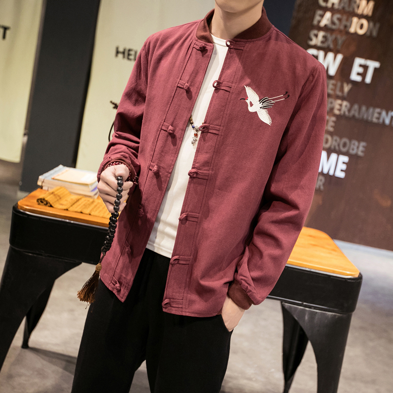 中国风2018春装棉麻料大码唐装仙鹤刺绣厚夹克衫外套男款盘扣汉服