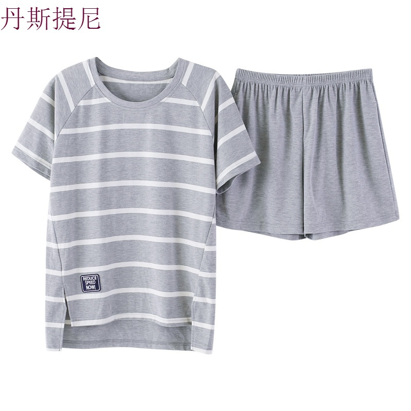 情侣条纹睡衣男士睡衣女夏季纯棉短袖短裤可爱卡通少女家居服套装