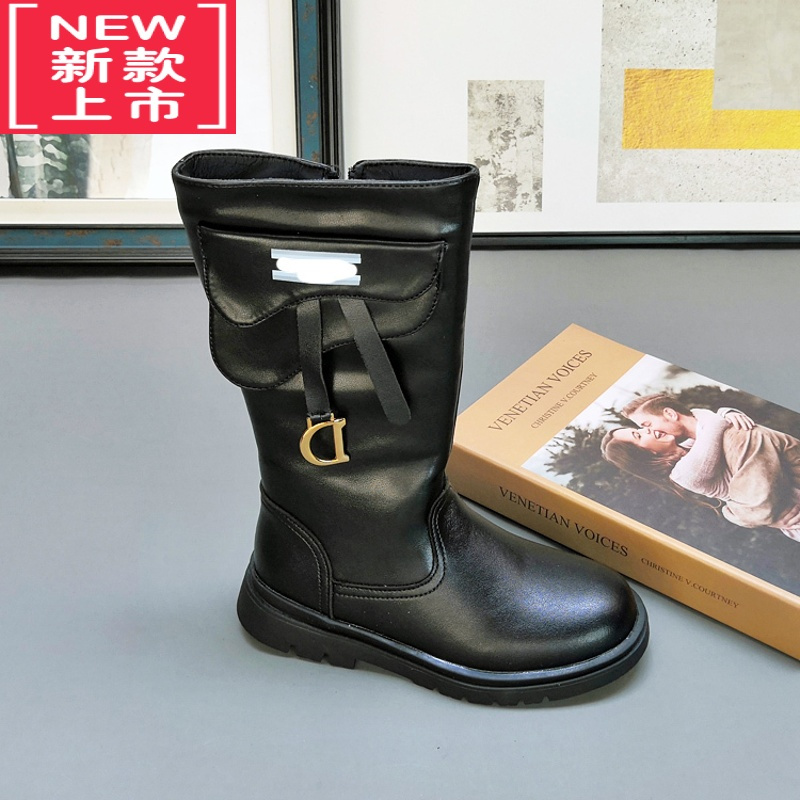 可莉允女童高筒靴2022新款加绒冬款棉靴儿童靴子女童鞋马丁靴亲子风皮靴