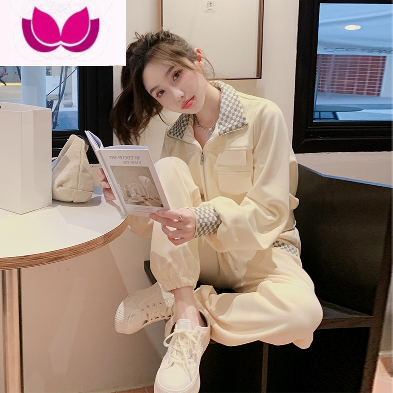 七斓休闲运动服套装女2023新款小个子减龄甜辣上衣卫衣长裤套 XL 奶杏色2219款套装-主图款