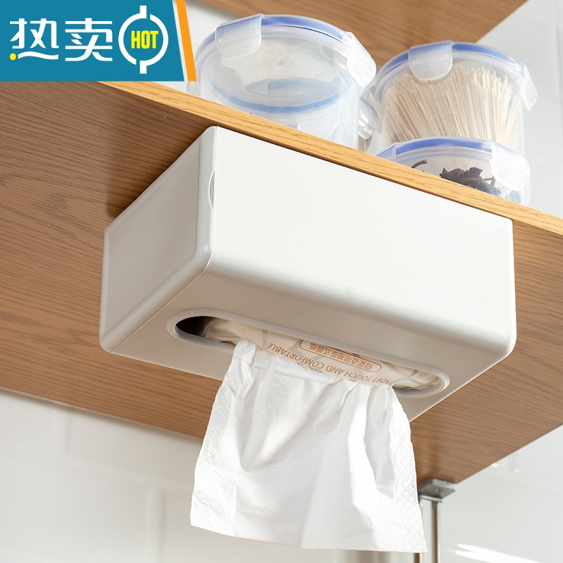 敬平壁挂式抽纸盒家用厨房厕所挂壁纸巾盒客厅免打孔桌下倒挂餐巾收纳 白色+蓝色(送灰色盖子+黄色盖子)高清大图
