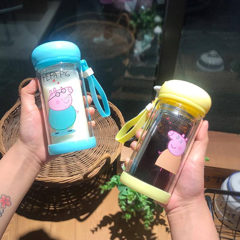 创意可爱卡通小猪佩奇双层玻璃杯子韩国便携学生儿童茶隔随手水杯