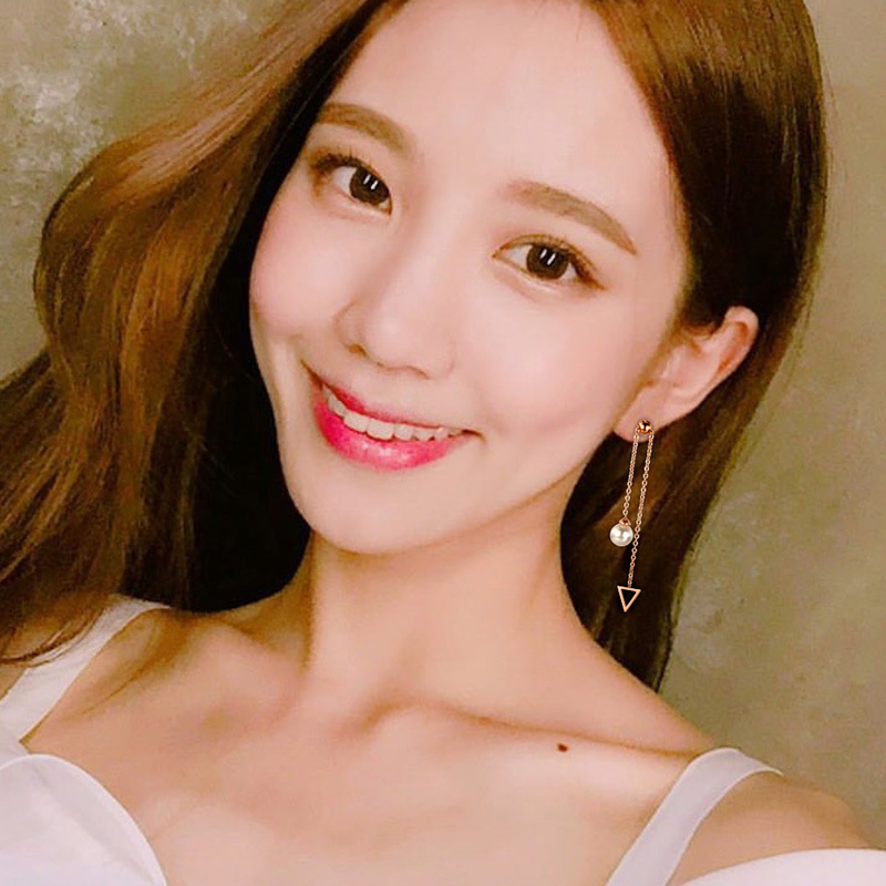 日韩版时尚镀18K玫瑰金耳钉女钛钢彩金流苏耳线珍珠耳坠饰品礼物送女朋友老婆生日礼物送女朋友七夕情人节礼物