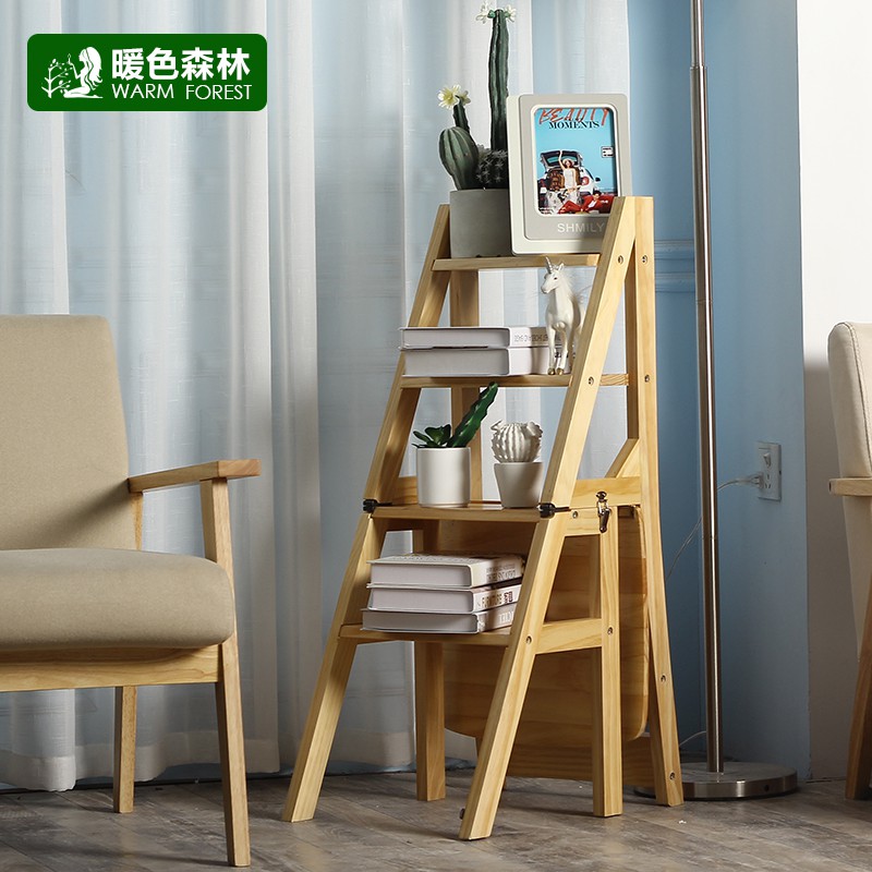实木可变形四步梯椅室内多功能家用折叠梯子椅子两用梯凳登高楼梯 三维工匠 [松木版]樱桃色-四步梯椅高清大图