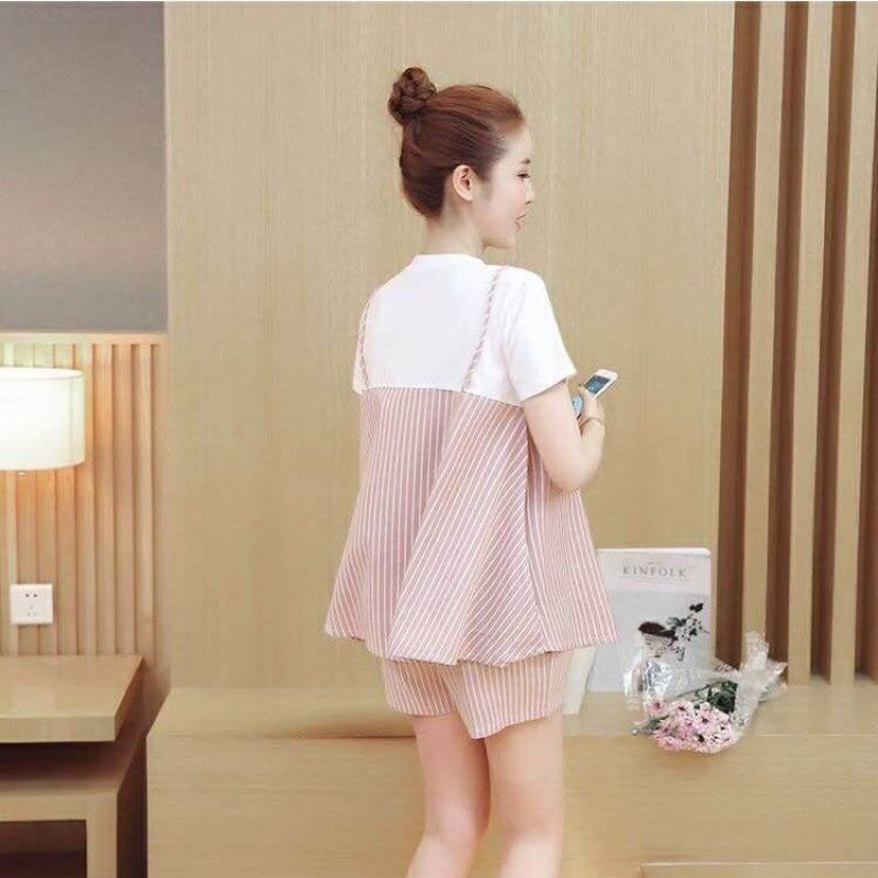 辞梅 孕妇套装条纹时尚孕妇装夏款百搭潮妈短袖假两件套图片