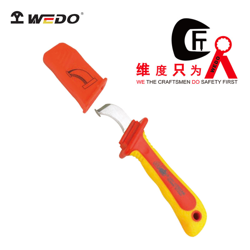 WEDO维度厂家直供双色注塑绝缘镰勾电缆刀绝缘阻燃电工刀 剥线刀高清大图