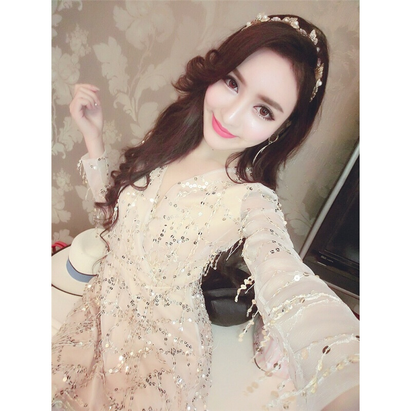 露胸网络直播主播服装新款夜店女装跳舞dj秋冬ktv性感低胸连衣裙杏色