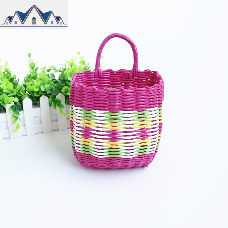 塑料编织收纳篮筐卫生间厨房小挂篮挂式收纳盒电车筐单把手置物篮 三维工匠 粉色花色