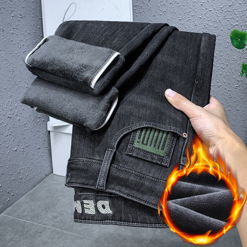 北方加绒牛仔裤男士潮牌刺绣百搭直筒裤男冬季品质舒适裤男式