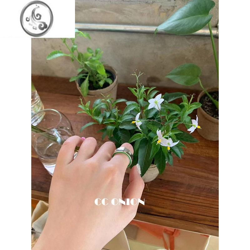 JiMiS925银银不规则侧面滴釉绿戒指女小众设计开口可调节个性简约指环