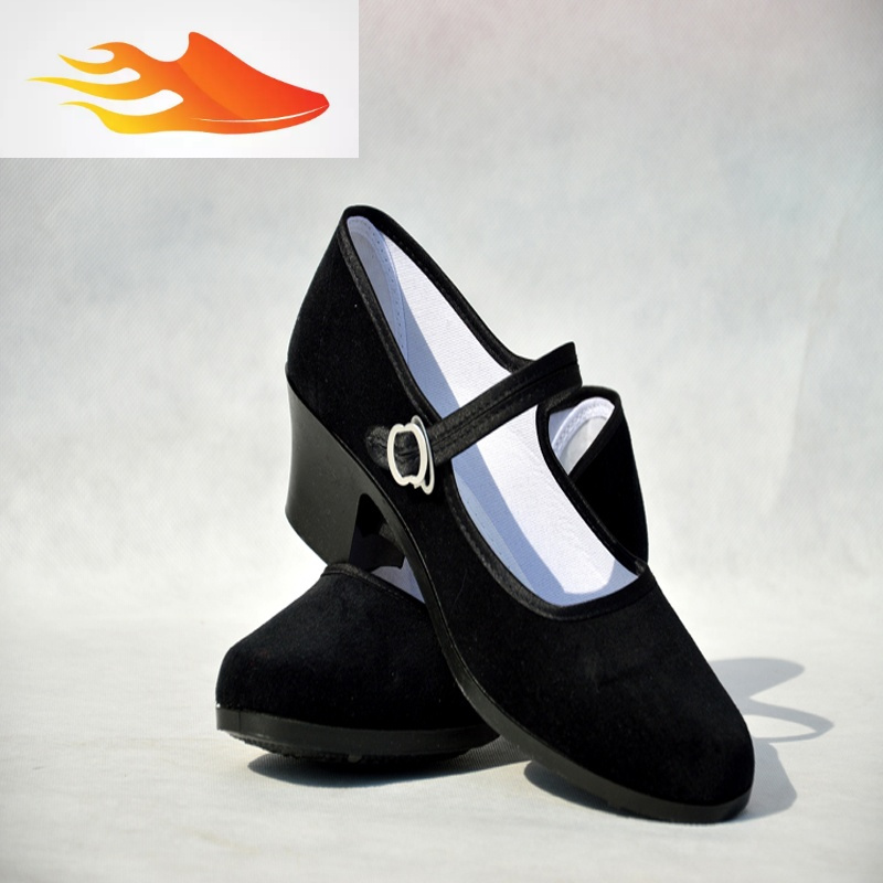 fishbasket女鞋老北京布鞋一带中跟平绒黑礼仪工作单鞋妈妈日常休闲