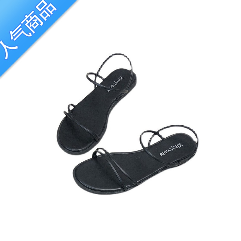 SUNTEK2023年夏季新款平底罗马鞋软底一字带露趾外穿日常复古凉鞋女韩版