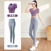 美背瑜伽服套装显瘦运动上衣女裸感带胸垫速干瑜伽套装女 M 浆果紫上衣+-灰湖蓝长裤