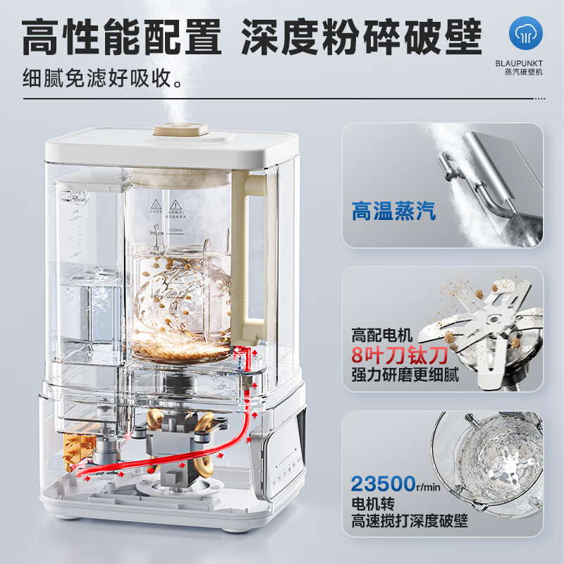 蓝宝BLAUPUNKT多功能家用搅拌机智能控温高效破壁设计蓝宝(BLAUPUNKT)0涂层蒸汽破壁机柔音家用豆浆机全自动高清大图
