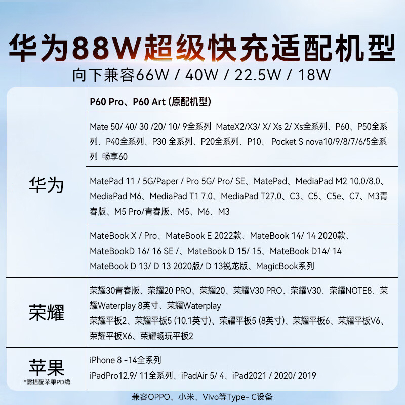 华为(HUAWEI)超级快充充电器套装88W全能充 P60Pro原装电源适配器 适配手机电脑平板手表耳机等 兼容苹果PD