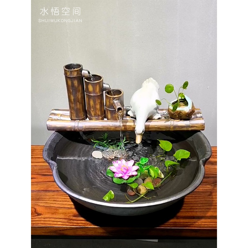 景德镇陶瓷流水竹排板DIY百搭鱼缸加湿器造景搭配摆件大中号 三维工匠 褐色款四中号长32cm高清大图