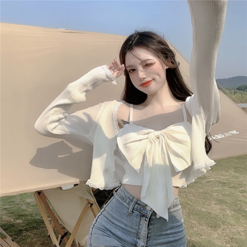 吊带小背心女春夏季法式蝴蝶结白色短款性感无袖外穿内搭打底上衣