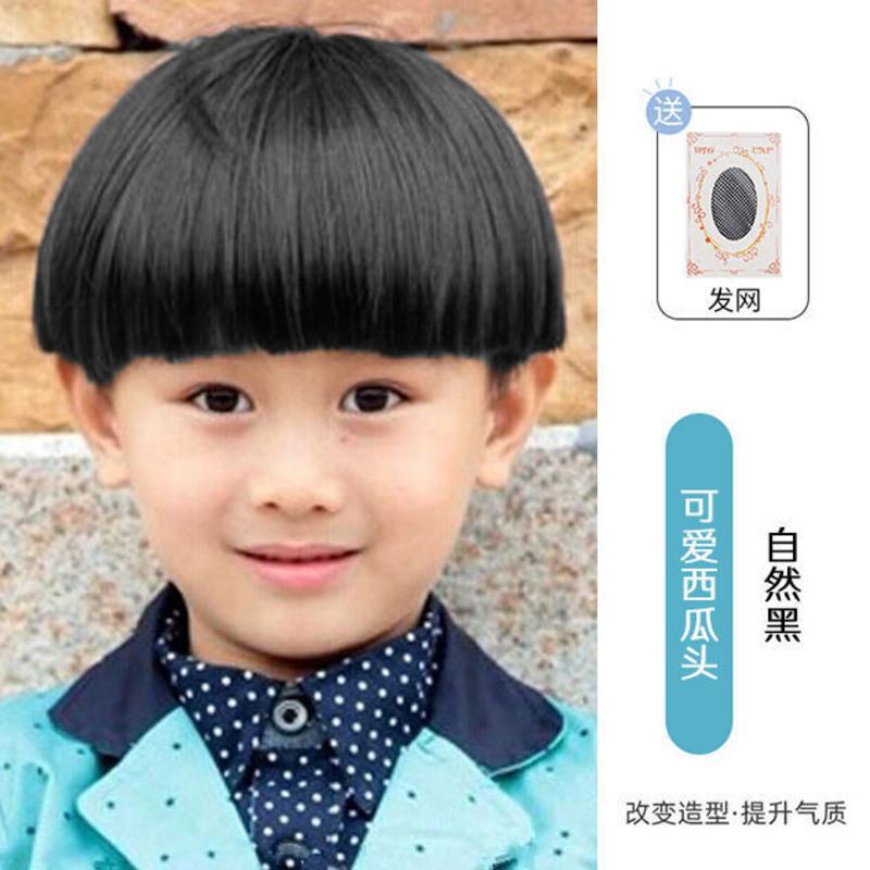 儿童假发男短发韩版齐刘海蘑菇头可爱小男孩西瓜头摄影拍照假头套 黑色(45cm头围适合5岁以下) 送:发网