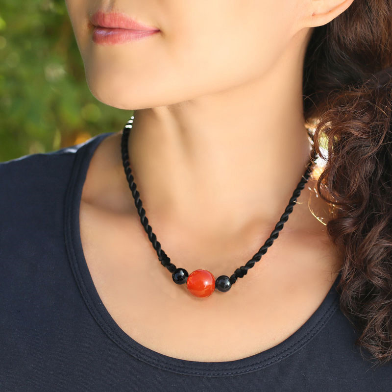 黑玛瑙圆珠坠可节红玛瑙挂件男女款民族风编织项链坠饰送女朋友七夕