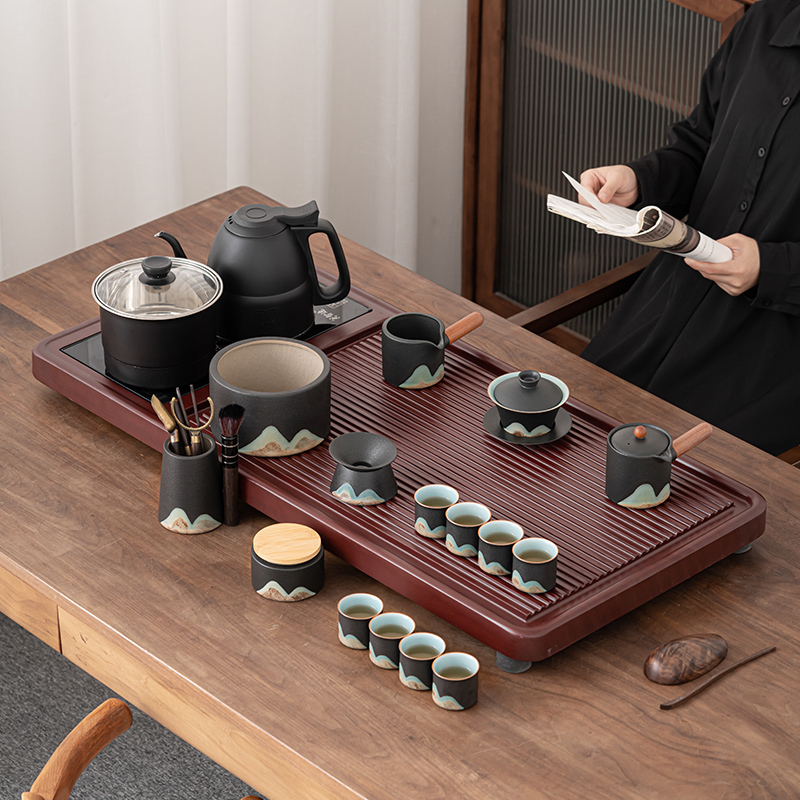 苏氏陶瓷(SUSHI CERAMICS)茶具套装电木色款自动烧水壶一体配整套国潮风釉画彩千里江山茶杯