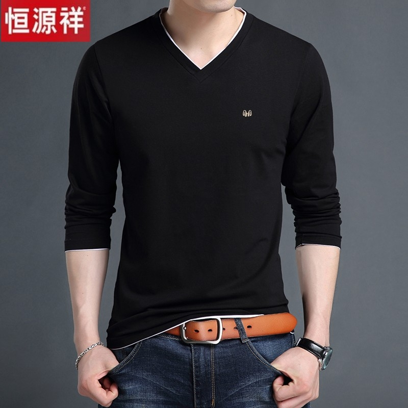 恒源祥秋季青年男士长袖t恤v领纯棉修身上衣鸡心领中年体桖打底衫