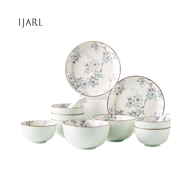 亿嘉IJARL 日式浪漫手绘釉下餐具玉兰16件套高清大图
