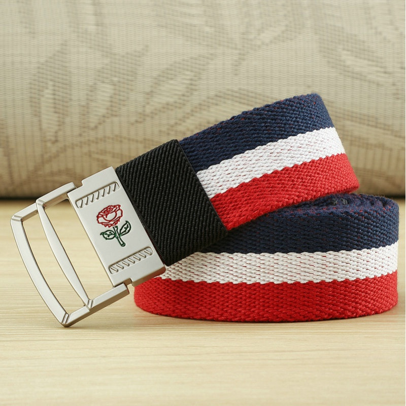 家柏饰(CORATED)帆布腰带男女士皮带青年学生双环扣训裤带加长韩版时尚牛仔布带 13新款-玫瑰花扣+宝蓝白红110cm