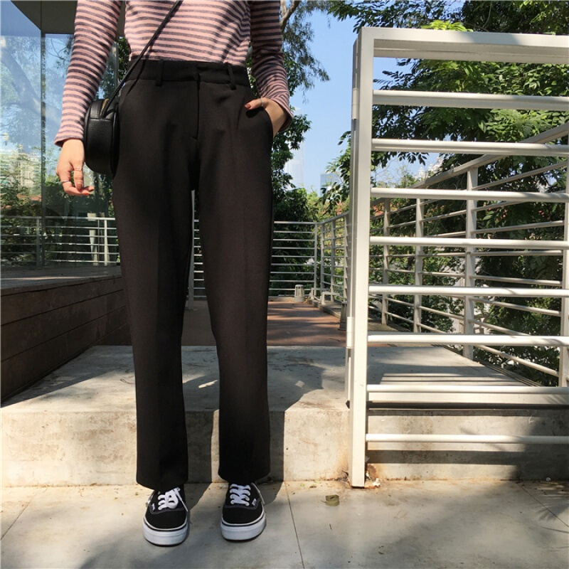 春秋韩国chic风百搭高腰休闲裤学生基础款显瘦黑色直筒西装裤女潮黑色