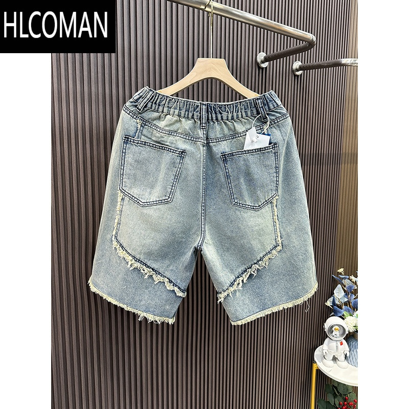 HLCOMAN街头拼接休闲牛仔短裤男士高街潮流情侣夏季复古水洗毛边五分中裤