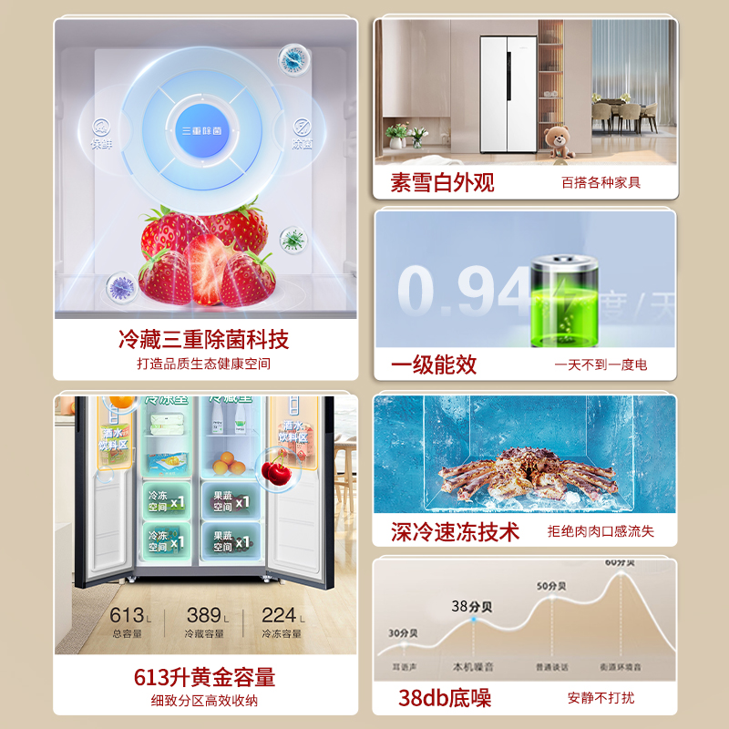 新飞(frestec)613升家用大容量冰箱双开门风冷无霜变频一级节能三重除菌净味冰箱对开门BCD-613WK9AT 白高清大图
