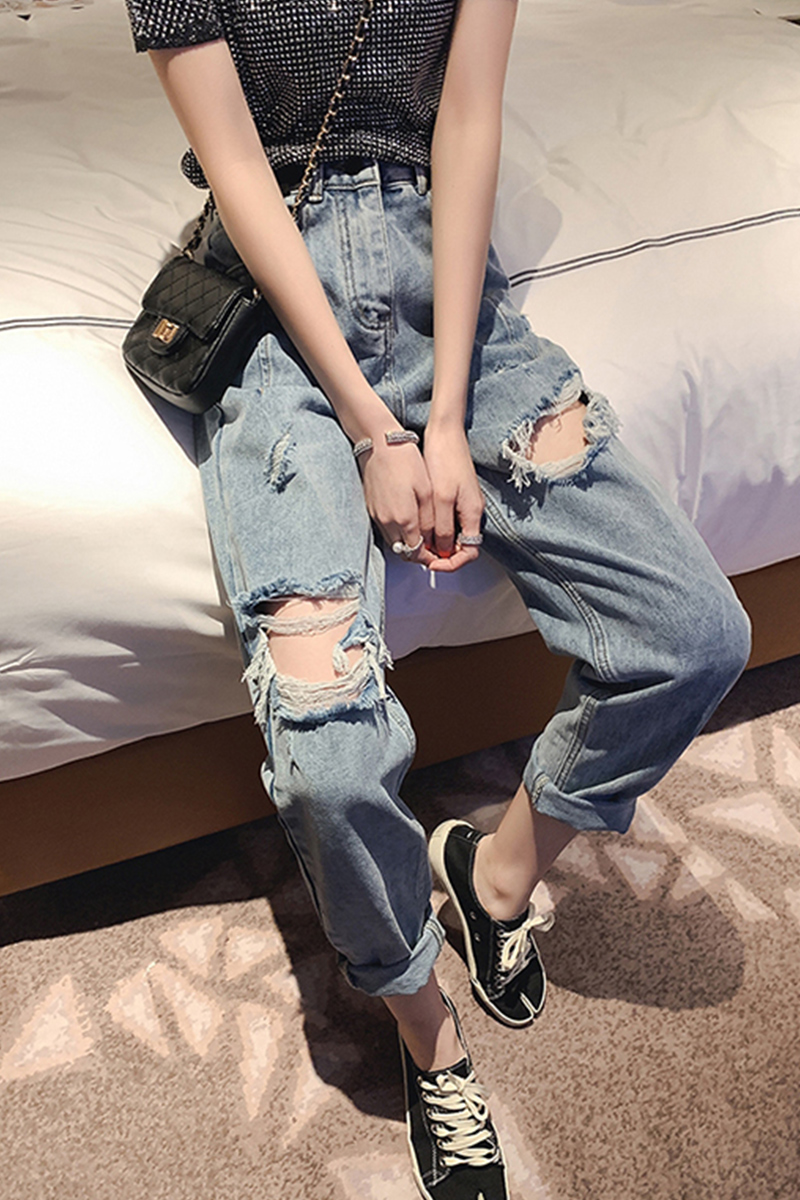 裤子女2021年新款宽松直筒高腰胖妹妹mm大码破洞牛仔裤大码女装参数